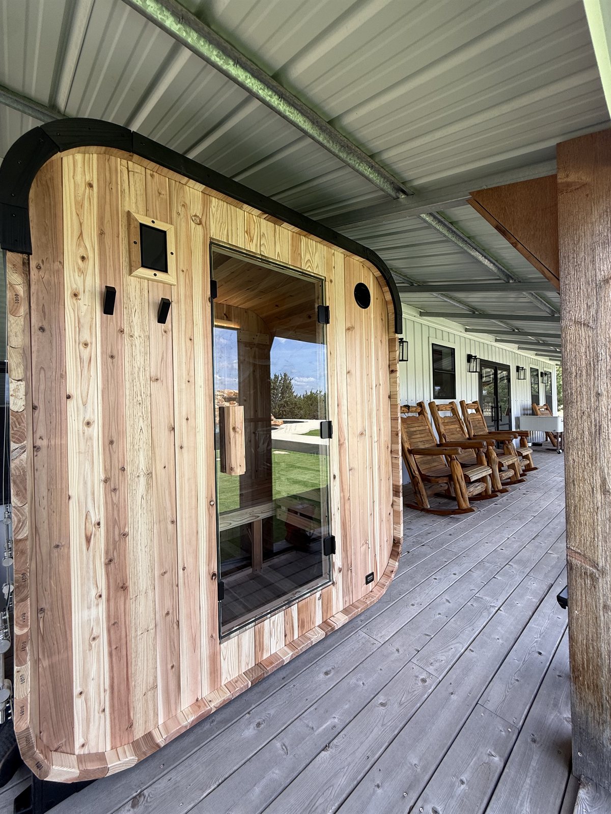 Covered patio sauna setup shared by Trevor James.