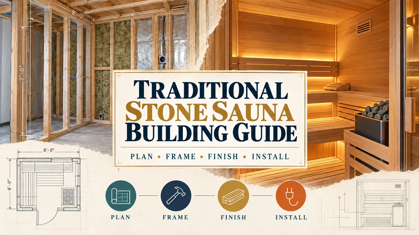 Traditional Stone Sauna Building Guide showing a sauna progressing from framing to a finished wood interior