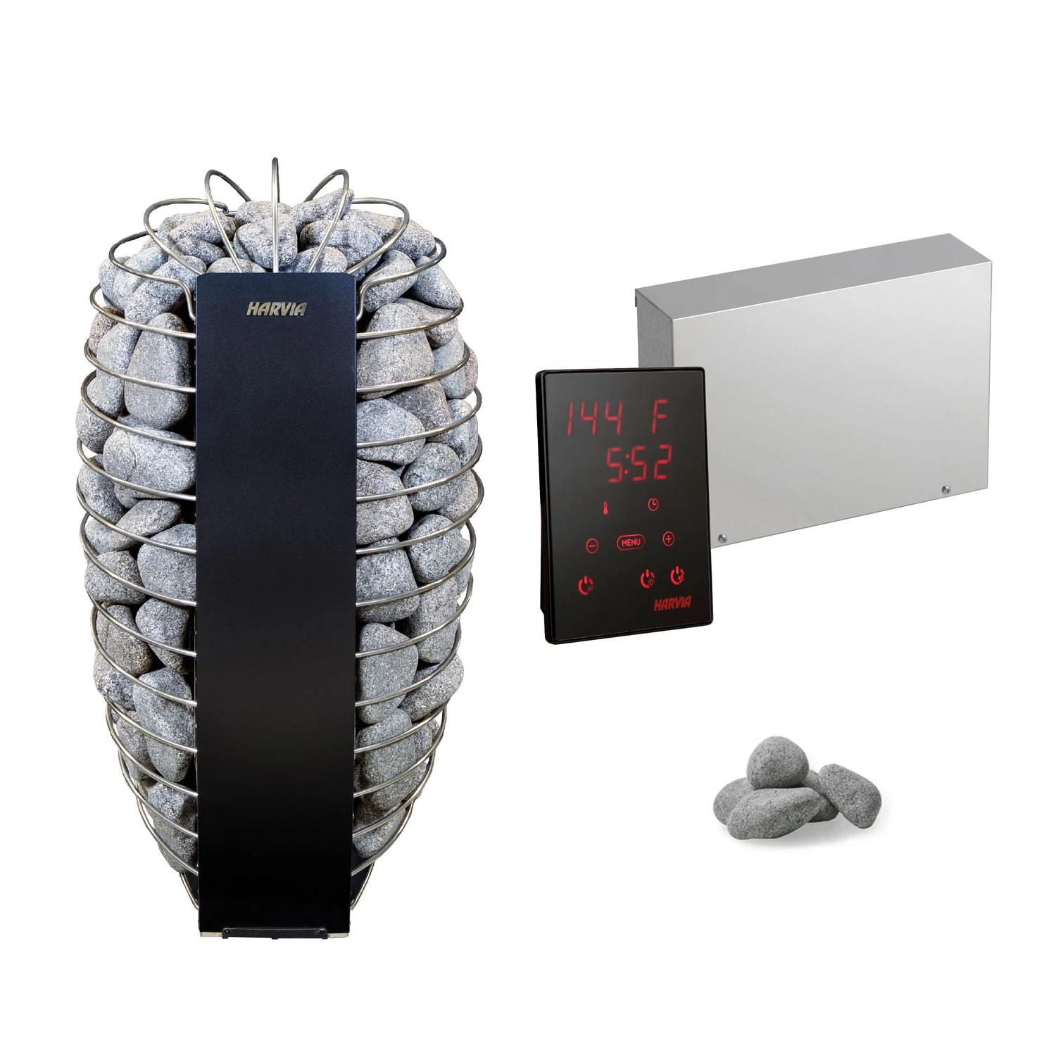 Harvia Spirit WiFi sauna heater package with Xenio control unit and included sauna stones shown separately
