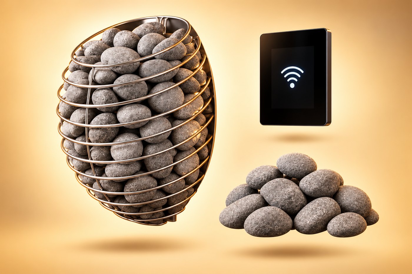 Complete sauna heater package with stone-filled heater, separate sauna stones, and Wi-Fi controller