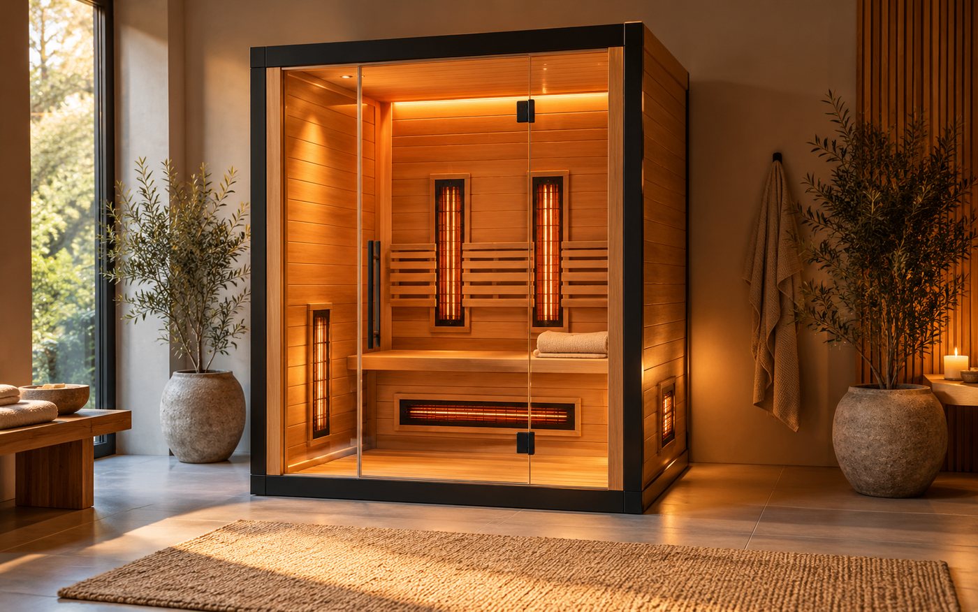 Modern two-person infrared sauna cabin in a calm home wellness room