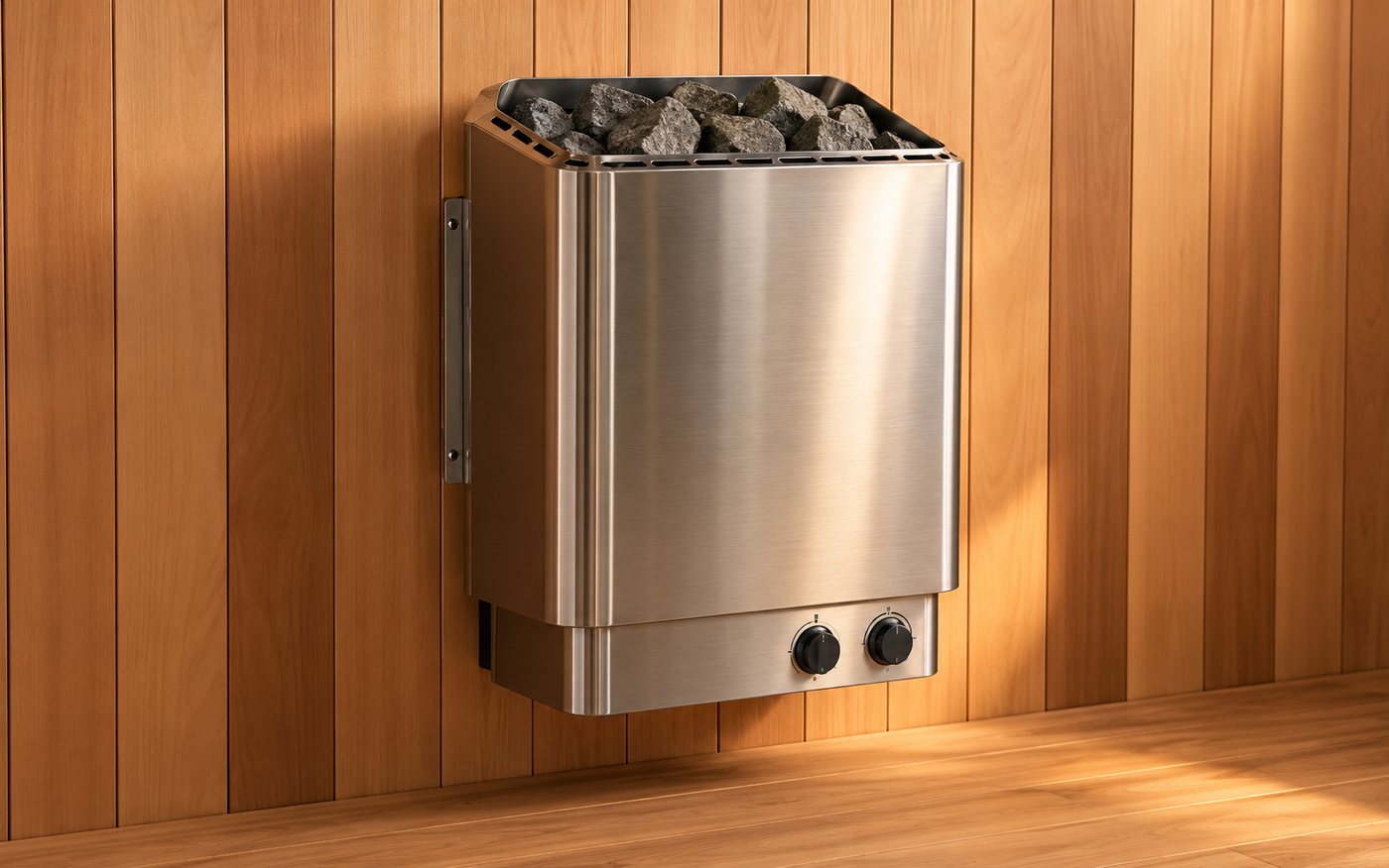 Stainless-steel wall-mounted electric sauna heater with built-in controls