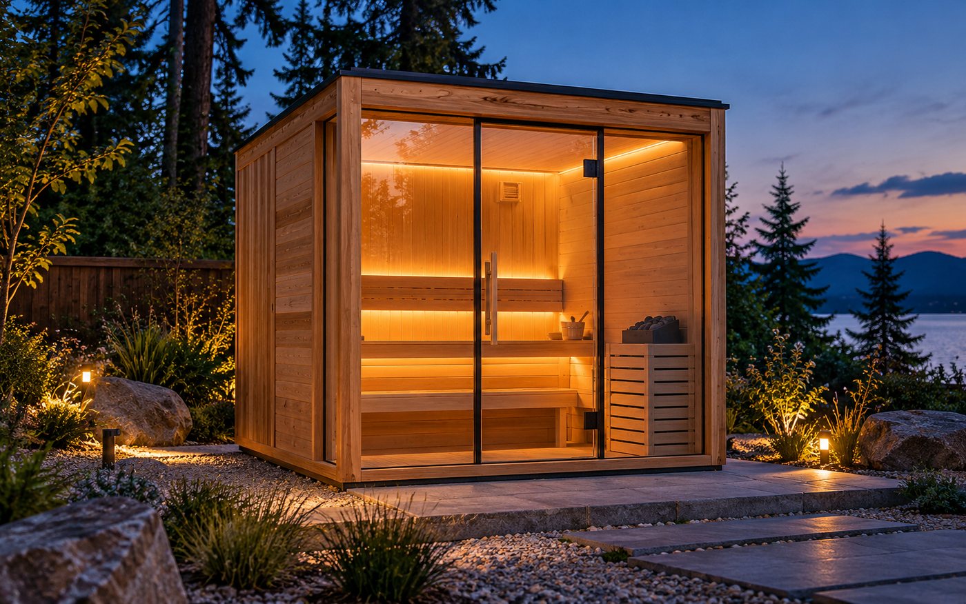 Glass-front outdoor cedar sauna cabin glowing warmly at dusk