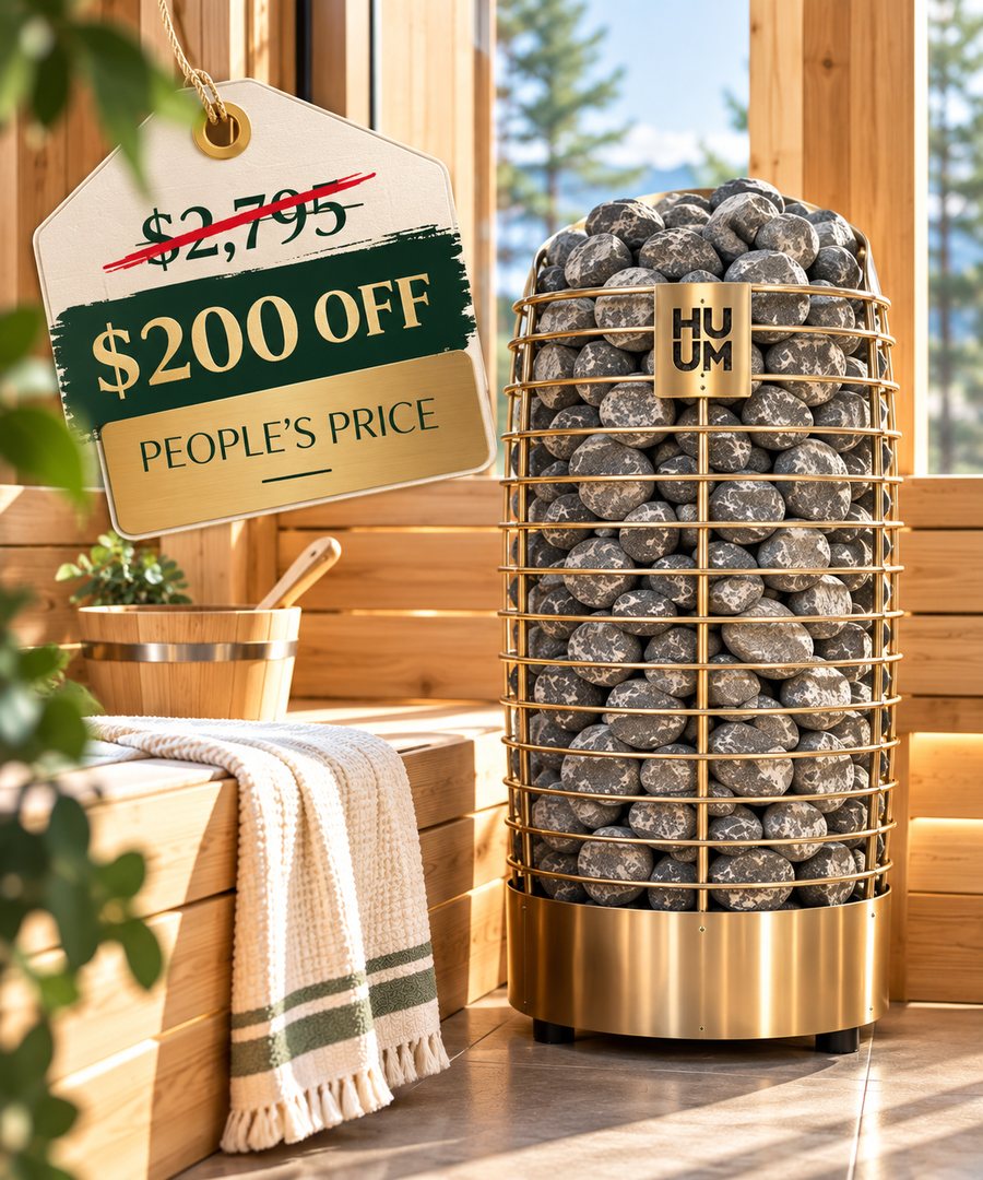 HUUM sauna heater with a price tag showing $200 off with People's Price