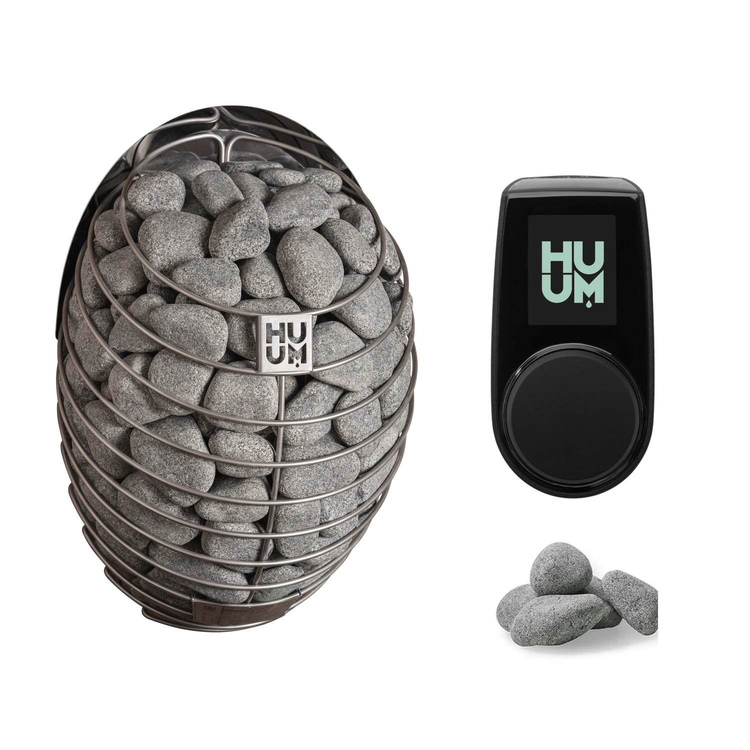 HUUM DROP sauna heater package with UKU WiFi control and included rounded sauna stones shown separately