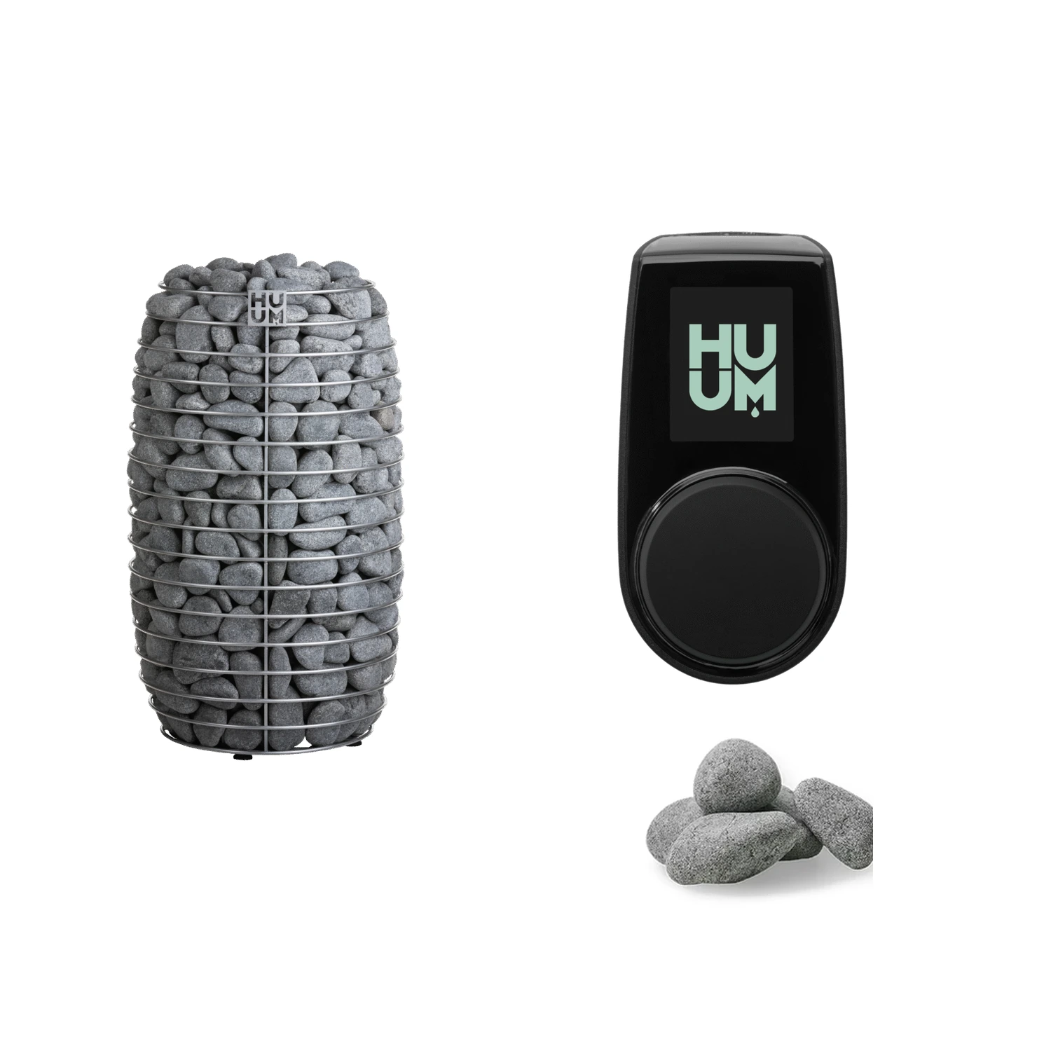 HUUM HIVE Mini sauna heater package with UKU WiFi control and included rounded sauna stones shown separately