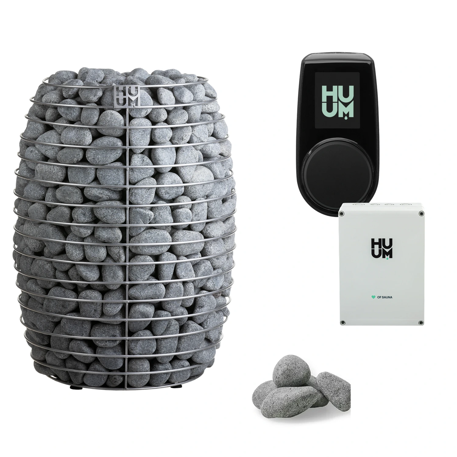 HUUM HIVE sauna heater package with UKU WiFi control, extension box, and included rounded sauna stones shown separately