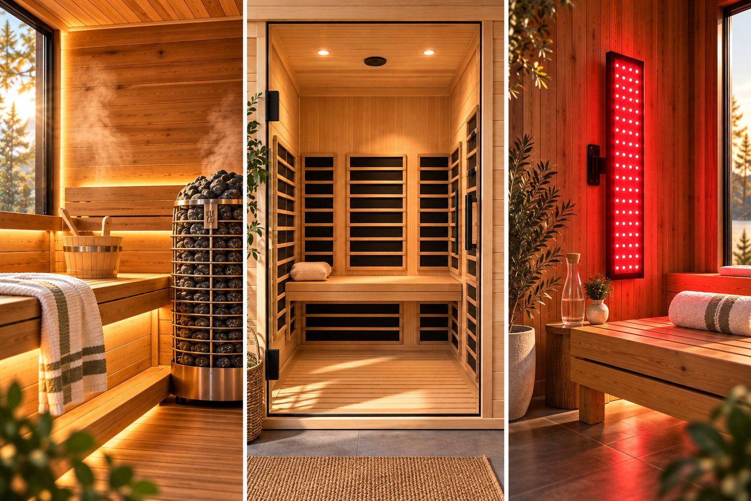 Three heat therapy styles side by side: a traditional wood-fired sauna, an infrared sauna cabin, and a red light therapy panel